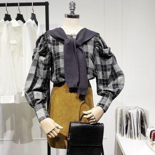 Set: Plaid Blouse + Knit Cape