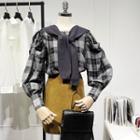 Set: Plaid Blouse + Knit Cape