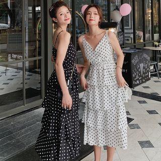 Spaghetti-strap Polka Dot Tiered Dress