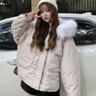 Furry Trim Hooded Padded Coat Light Almond - One Size