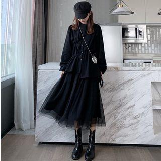 Asymmetric Plain Shirt / Mesh A-line Skirt