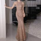 Halter Neck Sequined Sheath Evening Gown
