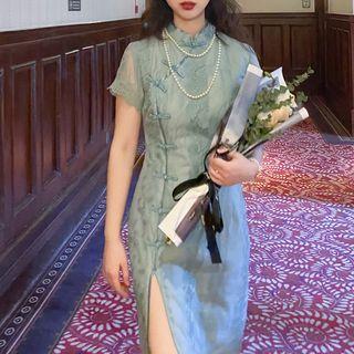 Short-sleeve Embroidered Slit Midi Qipao