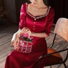 Elbow-sleeve Rhinestone Midi A-line Dress