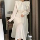 Long-sleeve Belted Lace Midi A-line Dress Light Almond - One Size