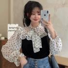 Flared-cuff Ruffle Trim Polka Dot Panel Blouse