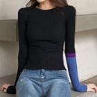 Long-sleeve Color Block Knit Top Black - One Size
