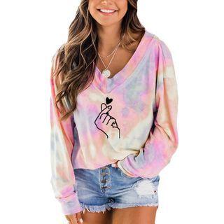 V-neck Color-block Tie-dye Oversize Top