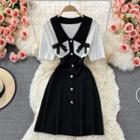 Short Sleeve Bow Detail Color Block Polo Dress Black - One Size