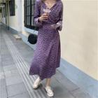 V Neckline Floral Long-sleeve Dress Purple - One Size