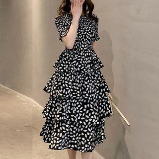 Petal Print Short-sleeve Tiered A-line Dress