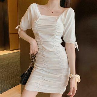 Shirt-sleeve Ruched Mini Sheath Dress