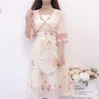 Floral Elbow-sleeve A-line Dress With Waist Belt / Slipdress
