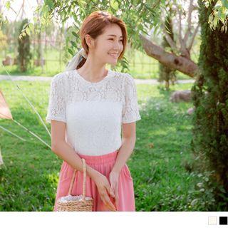 Round Neck Plain Short-sleeve Lace Top