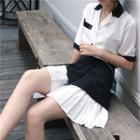 Color-block Short-sleeve Shirt / High-waist Skirt