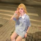 Polo-neck Two-tone Printed T-shirt Cream Blue - One Size