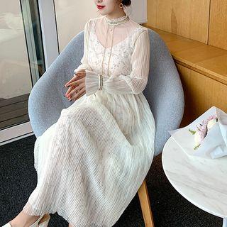 Set: Long-sleeve Frill Collar Midi Mesh Dress + Floral Print Maxi Tank Dress