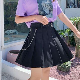 Chain Detail Belted Pleated Mini Skirt