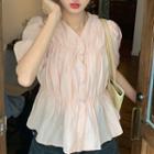 Short-sleeve Button-up Blouse Blouse - Pink - One Size