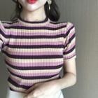 Striped Slim-fit Short-sleeve Knit Top As Shown In Figure - One Size