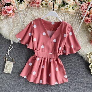 V-neck Dotted Short-sleeve Chiffon Blouse