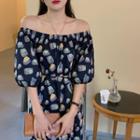 Lantern-sleeve Drawstring Pattern Dress