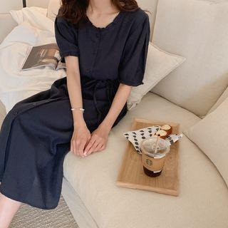 Button-through Long Dress Navy Blue - One Size