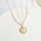 Set: Heart Pendant Alloy Necklace + Faux Pearl Necklace Set Of 2 - Heart & Faux Pearl - Gold & White - One Size