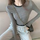 Long-sleeve Striped Knit Top Gray - One Size