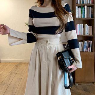 Boatneck Slit-cuff Stripe Knit Top