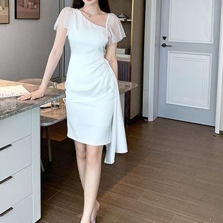 Short-sleeve Skew Neckline Mini Sheath Dress