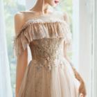 Cold-shoulder Ruffled A-line Mesh Evening Gown