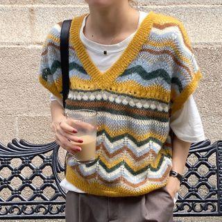 Zigzag Patterned Knit Vest Yellow - One Size