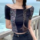 Short-sleeve Floral Print Panel Top Black - One Size