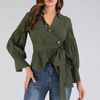 Lantern-sleeve Asymmetric Buttoned Blouse