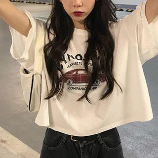 Car Print Short-sleeve Cropped T-shirt