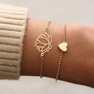 Set Of 2: Alloy Flower & Heart Bracelet