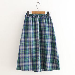 Plaid Midi A-line Skirt Green - One Size