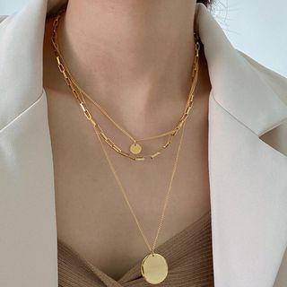 Stainless Steel Disc Pendant Layered Necklace K84 - Gold - One Size