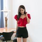 Puff-sleeve Ribbon-front Cropped Top