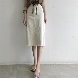 Fray-hem Midi Denim Skirt