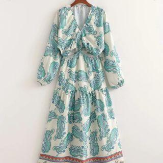 Print Cut-out Long-sleeve Midi A-line Dress