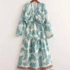 Print Cut-out Long-sleeve Midi A-line Dress