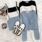 Set: Long-sleeve Plain Knit Cardigan + Camisole Top