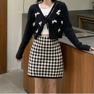 Bow Cardigan / Plaid A-line Skirt
