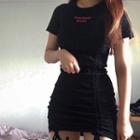 Short-sleeve Letter Drawstring Mini Sheath Dress Black - One Size