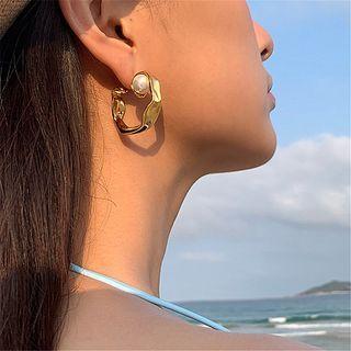 Faux Pearl Alloy Hoop Earring 1 Pair - S925 Silver Needle - White Faux Pearl - Gold - One Size