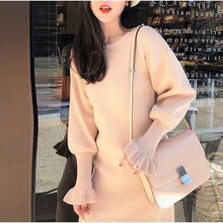 Turtleneck Lantern-sleeve Midi Knit Dress