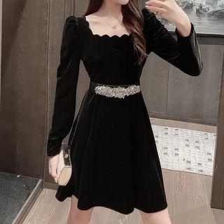 Long-sleeve Velvet Mini A-line Dress With Belt