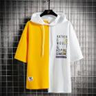 Short-sleeve Lettering Print Two-tone Hooded T-shirt